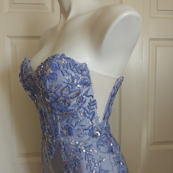 Amelia Couture periwinkle embellished strapless high low gown sz 2 - Picture 8 of 10